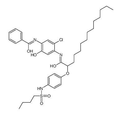 cas no 63573-38-6 is N-[4-[[2-[4-[(butylsulphonyl)amino]phenoxy]-1-oxotetradecyl]amino]-5-chloro-2-hydroxyphenyl]benzamide