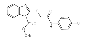 cas no 723247-50-5 is METHYL 2-[(4-CHLOROPHENYLCARBAMOYL)METHYLTHIO]-1H-BENZO[D]IMIDAZOLE-1-CARBOXYLATE