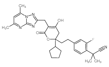 cas no 749929-33-7 is 2-[4-(2-{2-cyclopentyl-5-[(5,7-dimethyl[1,2,4]triazolo[1,5-a]pyrimidin-2-yl)methyl]-4-hydroxy-6-oxo-3,6-dihydro-2H-pyran-2-yl}ethyl)-2-fluorophenyl]-2-methylpropanenitrile