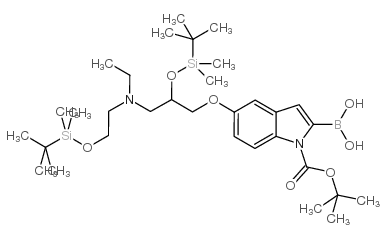 cas no 913388-77-9 is [5-[2-[tert-butyl(dimethyl)silyl]oxy-3-[2-[tert-butyl(dimethyl)silyl]oxyethyl-ethylamino]propoxy]-1-[(2-methylpropan-2-yl)oxycarbonyl]indol-2-yl]boronic acid