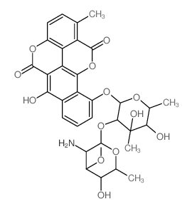 cas no 97068-30-9 is Benzo[h][1]benzopyrano[5,4,3-cde][1]benzopyran-5,12-dione,10-[[2-O-(2-amino-2,6-dideoxy-3-O-methyl-a-D-galactopyranosyl)-6-deoxy-3-C-methyl-b-D-galactopyranosyl]oxy]-6-hydroxy-1-methyl-